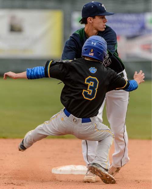 Trent Nelson  |  The Salt Lake Tribune
Timpanogos's Conner Halford tags out Orem's Ben Daley in a critical Region 7 baseball game in Orem, Wednesday April 27, 2016. The two teams have combined to win 28 straight games.