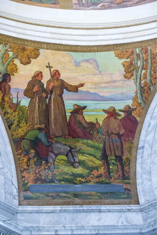 Chris Detrick  |  The Salt Lake Tribune

A mural of the Dominguez-Escalante Expedition is seen at the Utah State Capitol on April 26, 2016.