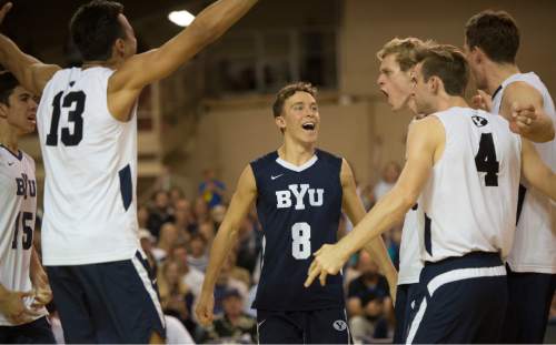 Rick Egan  |  The Salt Lake Tribune

Brigham Young Cougars Erik Sikes (8) celebrates a BYU score with his team mates, in the Mountain Pacific Sports Federation Volleyball Championship game, in tournament action at the Smith Field House in Provo, Saturday, April 23, 2016.