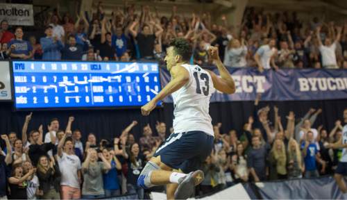 Rick Egan  |  The Salt Lake Tribune

Brigham Young Cougars Ben Patch (13) celebrate a big point, in the Mountain Pacific Sports Federation Volleyball Championship, in tournament action at the Smith Field House in Provo, Saturday, April 23, 2016.