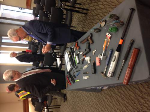 Lee Davidson  |  The Salt Lake Tribune

Ron Malin, right, federal security director in Utah for the Transportation Security Administration, shows Airport Advisory Board members examples of items seized recently at Salt Lake City International Airport.