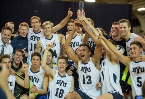 Rick Egan  |  The Salt Lake Tribune

The Brigham Young Cougars celebrate their win over UCLA, in the Mountain Pacific Sports Federation Volleyball Championship, in tournament action at the Smith Field House in Provo, Saturday, April 23, 2016.