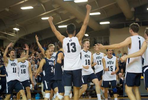 Rick Egan  |  The Salt Lake Tribune

The Brigham Young Cougars celebrates their win over UCLA, in the Mountain Pacific Sports Federation Volleyball Championship, in tournament action at the Smith Field House in Provo, Saturday, April 23, 2016.