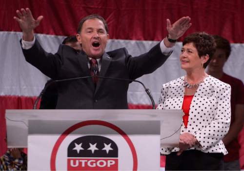 Leah Hogsten  |  The Salt Lake Tribune
Incumbent Governor Gary Herbert delivers his re-election speech, backed by his family and wife Jeanette Herbert at the Utah Republican Convention, Saturday, April 23, 2016, at Salt Palace Convention Center.