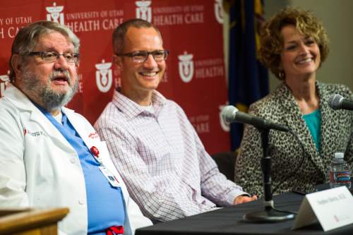 Chris Detrick  |  The Salt Lake Tribune
Stephen Morris, M.D., Jason Norby and Pam Norby answer questions during a press conference at the Clinical Neurosciences Center at the University Hospital Tuesday April 19, 2016.