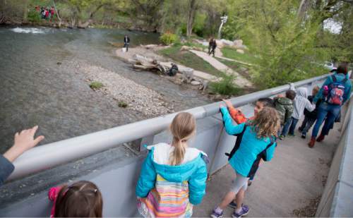 Lennie Mahler  |  The Salt Lake Tribune

Students in Eleanor Sather's kindergarten class at DaVinci Academy cross a bridge above the Ogden River on Friday, April 29, 2016.