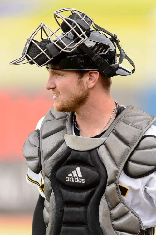 Trent Nelson  |  The Salt Lake Tribune
Salt Lake Bees catcher Jett Bandy prepares to face Colorado Springs, Saturday May 23, 2015.