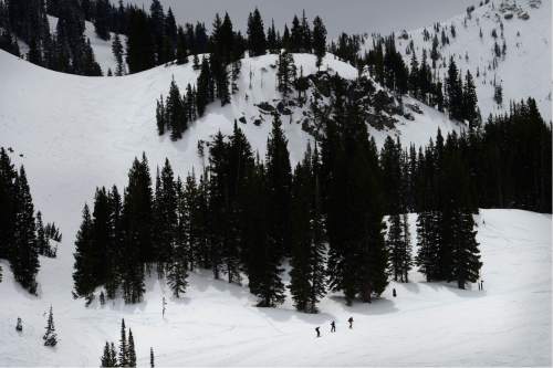 Scott Sommerdorf   |  The Salt Lake Tribune  
Skiers pay the price for late season turns at Alta, as they hike up the mountain, Sunday, May 1, 2016.