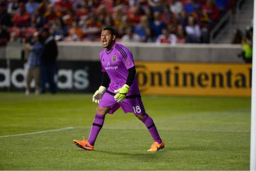 Scott Sommerdorf   |  The Salt Lake Tribune
Real Salt Lake goalkeeper Nick Rimando (18) yells at the referee after a first half corner kick was thwarted. The San Jose Earthquakes led Real Salt Lake 1-0 at the half, Friday, May 1, 2015.