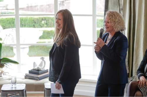 Francisco Kjolseth | The Salt Lake Tribune
Chelsea Clinton, the daughter of Hillary Clinton, is introduced by Salt Lake City Mayor Jackie Biskupski at a "Women for Hillary" event held at the home of Diane and Sam Stewart in Salt Lake City on Tuesday, March 15, 2016.