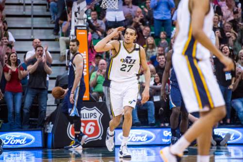 Chris Detrick  |  The Salt Lake Tribune

Utah Jazz center Rudy Gobert (27) celebrates after dunking the ball during the game at EnergySolutions Arena Friday April 10, 2015. Memphis Grizzlies won the game 89-88.