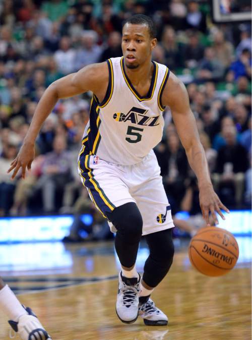 Steve Griffin  |  The Salt Lake Tribune

Utah Jazz guard Rodney Hood (5) drives into the lane during first half action in the Utah Jazz versus New York Knicks NBA basketball game at EnergySolutions Arena in Salt Lake City, Tuesday, March 10, 2015.