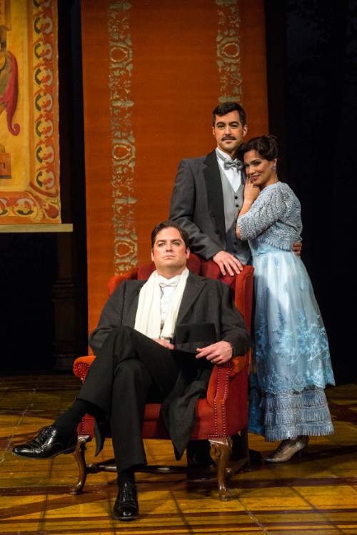 Chris Detrick  |  The Salt Lake Tribune
Utah Opera's Zulimar López-Hernández 'Susanna,' Craig Irvin 'Count Almaviva' and Seth Carico 'Figaro,' perform during a rehearsal of "The Marriage of Figaro" at the Capitol Theatre Wednesday April 27, 2016.