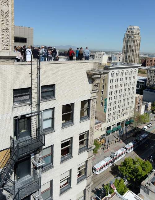Francisco Kjolseth | The Salt Lake Tribune 
Local leaders give an update on the ongoing Downtown Rising projects from the rooftop of the Walker Center that overlooks Main street on Tuesday, May 3, 2016, as the initiative celebrates ten years.