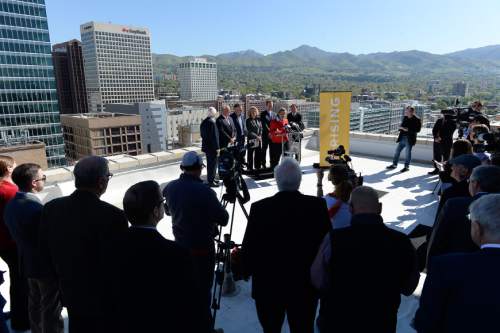 Francisco Kjolseth | The Salt Lake Tribune 
Local leaders give an update on the ongoing Downtown Rising projects from the rooftop of the Walker Center on Tuesday, May 3, 2016, as the initiative celebrates ten years.