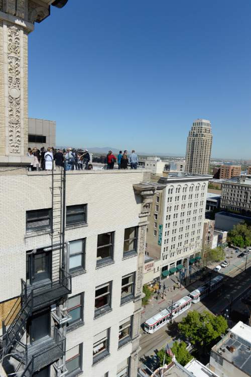 Francisco Kjolseth | The Salt Lake Tribune 
Local leaders give an update on the ongoing Downtown Rising projects from the rooftop of the Walker Center on Tuesday, May 3, 2016, as the initiative celebrates ten years.
