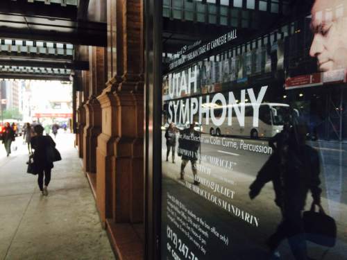 Thomas Burr  |  The Salt Lake Tribune

A poster announcing the Utah Symphony's performance at Carnegie Hall on 7th Avenue in Manhattan.