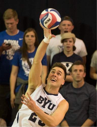 Rick Egan  |  The Salt Lake Tribune

Brigham Young Cougars Michael Hatch (23) hits the ball in BYU's victory in the Mountain Pacific Sports Federation Volleyball Championship game,  in tournament action at the Smith Field House in Provo, Saturday, April 23, 2016.