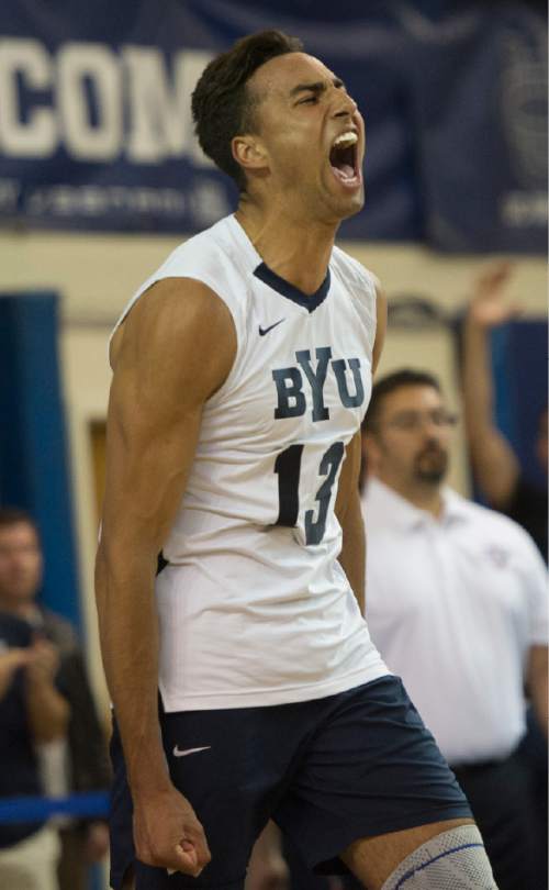Rick Egan  |  The Salt Lake Tribune

Brigham Young Cougars Ben Patch (13) celebrates as BYU scores a big point inthe Mountain Pacific Sports Federation Volleyball Championship game, as BYU beat UCLA 3- 1, in tournament action at the Smith Field House in Provo, Saturday, April 23, 2016.