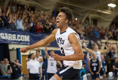 Rick Egan  |  The Salt Lake Tribune

Brigham Young Cougars Ben Patch (13) celebrates as BYU scores bringing them one point away from the Mountain Pacific Sports Federation Volleyball Championship as they beat UCLA 3- 1, in tournament action at the Smith Field House in Provo, Saturday, April 23, 2016.