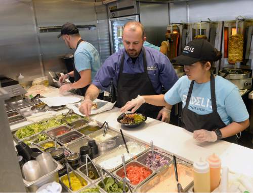Al Hartmann  |  The Salt Lake Tribune
You watch your salad, gyros and wraps being made fresh, on the spot at Padeli's Street Greek, a fast-casual restaurant at 30 E. 300 S. in Salt Lake City.