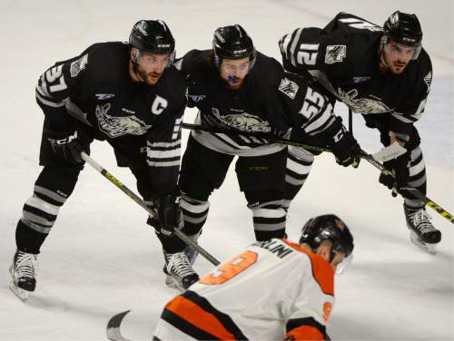 Steve Griffin / The Salt Lake Tribune

The Utah Grizzlies form a wall during a face off during the Utah Grizzlies versus the Fort Wayne Comets at Maverik Center in West Valley CityWednesday May 4, 2016.