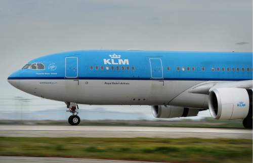 Scott Sommerdorf   |  The Salt Lake Tribune  
KLM airlines' first non-stop flight to Salt Lake City - KLM609 - lands. The airport gave the arriving flight a water cannon salute, Thursday, May 5, 2016.