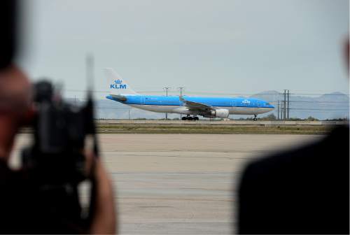 Scott Sommerdorf   |  The Salt Lake Tribune  
KLM airlines' first non-stop flight to Salt Lake City - KLM609 - taxis down the runway after landing. The airport gave the arriving flight a water cannon salute, Thursday, May 5, 2016.