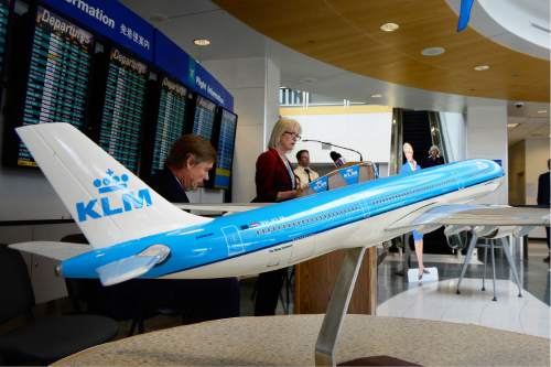 Scott Sommerdorf   |  The Salt Lake Tribune  
Salt Lake City airport Executive Director Maureen Riley speaks during a reception to welcome KLM to Salt Lake City after KLM609 landed the first non-stop flight from Amsterdam into the airport, Thursday, May 5, 2016.