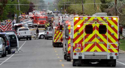 Steve Griffin / The Salt Lake Tribune

Fire fighting vehicles from the Salt Lake Valley fill 500 east as fire crews  battle a large apartment fire near 500 east and 4100 south in Salt Lake CityThursday May 5, 2016.