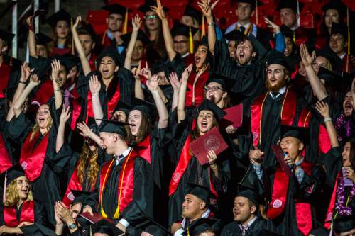 Chris Detrick  |  The Salt Lake Tribune
University of Utah graduates cheer during the annual Commencement at the Huntsman Center Thursday May 5, 2016.