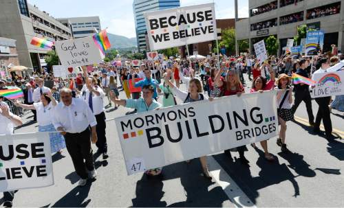 Francisco Kjolseth  |  The Salt Lake Tribune
Mormons Building Bridges join the fun for the Pride Parade, Utah's second-largest parade, after the Days of '47, in downtown Salt Lake City last year.