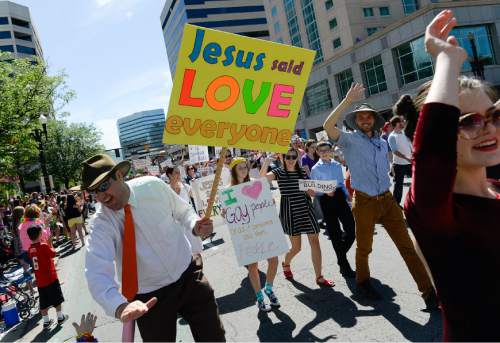 Francisco Kjolseth  |  The Salt Lake Tribune
Mormons Building Bridges join the fun for the Pride Parade, Utah's second-largest parade, after the Days of '47, and by far the most colorful, on the streets of downtown Salt Lake on Sunday, June 7, 2015.
