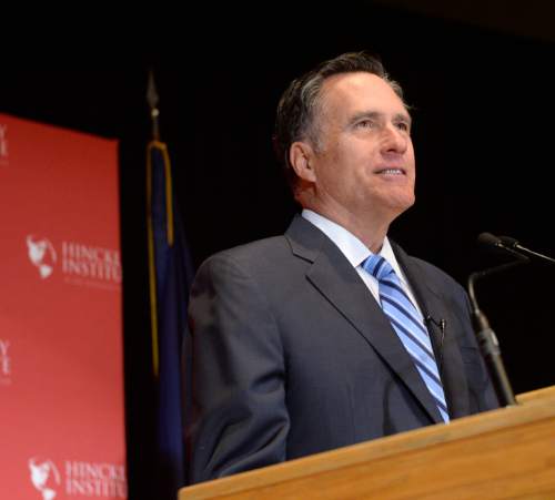 Al Hartmann  |  The Salt Lake Tribune
Former presidential candidate Mitt Romney  makes a speech about the state of the 2016 presidential race and Donald Trump at the Hinckley Insitute of Politics at the University of Utah Thursday March 3.