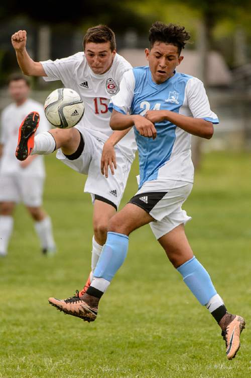 Trent Nelson  |  The Salt Lake Tribune
Grantsville's Cas Mulford and Ben Lomond's Andrew Gallardo in the first round of the boys' high school soccer Class 3A postseason, Thursday May 5, 2016.
