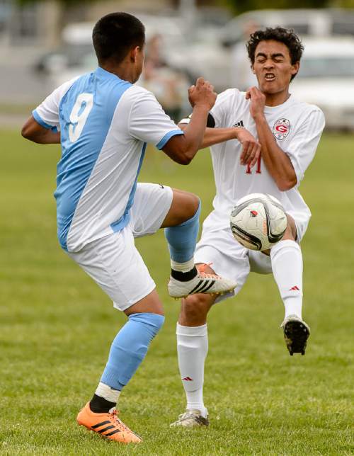 Trent Nelson  |  The Salt Lake Tribune
Ben Lomond's Paulo Saavedra and Grantsville's Wesley Allen in the first round of the boys' high school soccer Class 3A postseason, Thursday May 5, 2016.