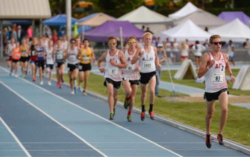 Francisco Kjolseth | The Salt Lake Tribune 
Casey Clinger of American Fork pulls ahead early in the Boy's 3200 meter race and stays there for a win with a time of 9.02.58 at the BYU Invitational Track and Field meet on Friday, May 6, 2016.