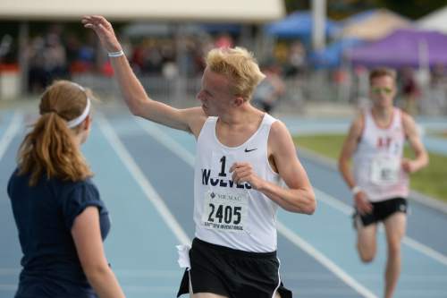 Francisco Kjolseth | The Salt Lake Tribune 
William Handley #405 of Timpanogos catches his breath after putting in a third place finish of the men's 3200 meter run during the BYU Invitational Track and Field meet on Friday, May 6, 2016..