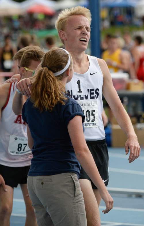 Francisco Kjolseth | The Salt Lake Tribune 
William Handley #405 of Timpanogos catches his breath after putting in a third place finish of the men's 3200 meter run during the BYU Invitational Track and Field meet on Friday, May 6, 2016..