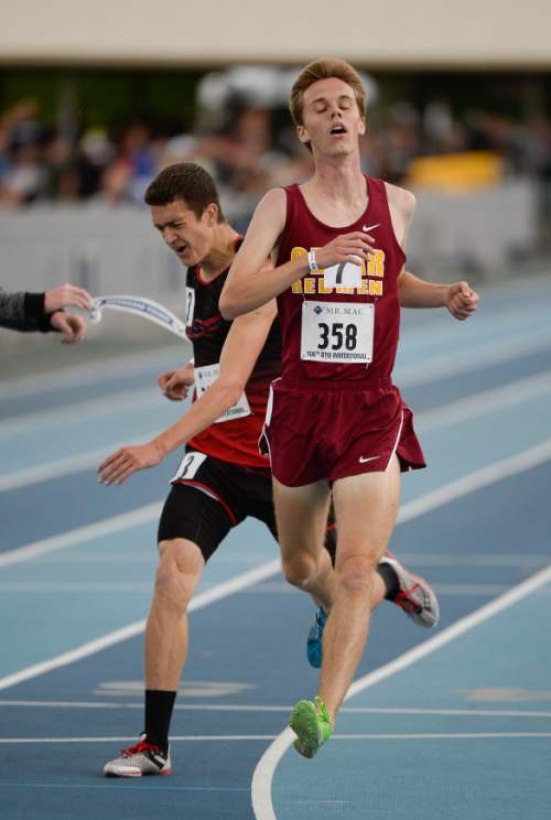 Francisco Kjolseth | The Salt Lake Tribune 
Eric Lambert of Cedar takes first as he crosses the finish line in the slow heat of the 3200 meters with a time of 9.51.45 just ahead of Mark Crandall of Shelley High in Idaho during Day 1 of the BYU Invitational Track and Field meet on Friday, May 6, 2016.