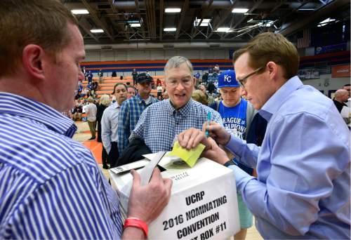 Scott Sommerdorf   |  Tribune  file photo
Delegates to the Utah County Republican Convention vote in the  "Thunderdome" basketball arena, at Timpview High in Provo, Saturday, April 16, 2016.