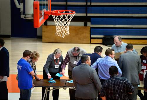 Scott Sommerdorf   |  Tribune file photo
Ballots are counted in the Senate District 14 race beneath the basketball hoop at Timpview High's "Thunderdome" gymnasium during the Utah County Republican Convention at Timpview High in Provo, Saturday, April 16, 2016.