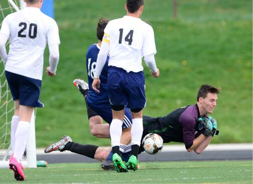 Scott Sommerdorf   |  The Salt Lake Tribune  
ALA goalkeeper Taylor Negus misses the ball, but makes the save during first half play. Waterford beat American Leadership Academy, 6-0 in the quarterfinals of the Class 2A boys' soccer tournament, Saturday, May 7, 2016. The game was a rematch of last year's state championship game won by ALA.