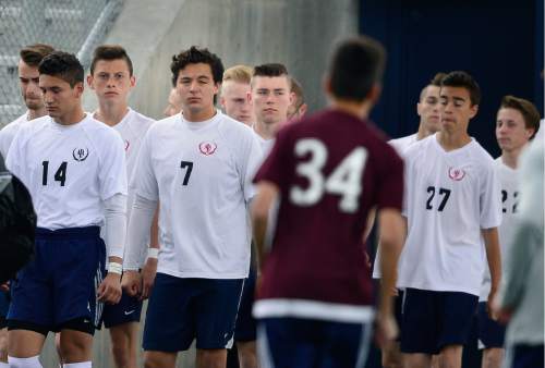 Scott Sommerdorf   |  The Salt Lake Tribune  
The intimidating looks from American Leadership Academy as they entered the field for warmups was the only time ALA scored against Waterford. Waterford beat American Leadership Academy, 6-0 in the quarterfinals of the Class 2A boys' soccer tournament, Saturday, May 7, 2016. The game was a rematch of last year's state championship game won by ALA.