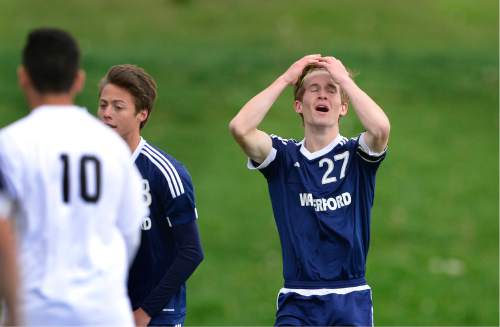 Scott Sommerdorf   |  The Salt Lake Tribune  
Waterford's Patrick Dowd reacts after his quick kick off a free kick for a goal was disallowed for being too fast. Dowd scored less than two minutes later to give Waterford a 1-0 lead. Waterford beat American Leadership Academy, 6-0 in the quarterfinals of the Class 2A boys' soccer tournament, Saturday, May 7, 2016. The game was a rematch of last year's state championship game won by ALA.