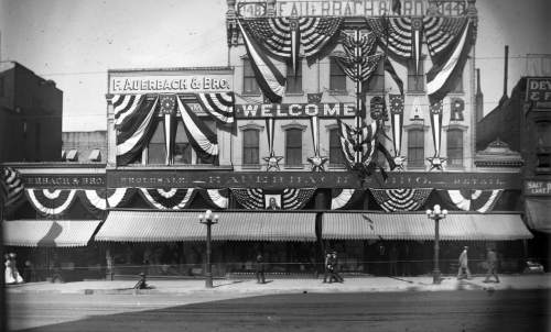 Tribune file photo
The front of the Auerbachs store on Main Street in Salt Lake City is decorated for the Grand Army of the Republic parade in 1909.
