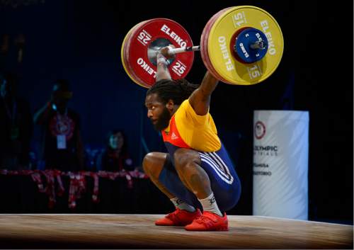Scott Sommerdorf   |  The Salt Lake Tribune  
Kendrick Farris begins a successful snatch lift in the Men's 105+ Snatch competition at the 2016 Olympic trials, Sunday, May 7, 2016. Farris was one of eight top finishers on the men's side of the competition.