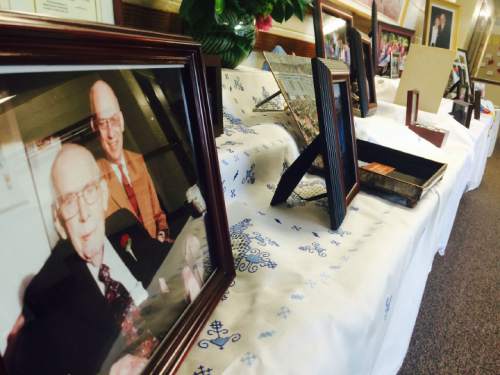 Thomas Burr  |  The Salt Lake Tribune
Photos are on display at Bob Bennett's funeral ceremony Tuesday in Virginia on May 10, 2016.