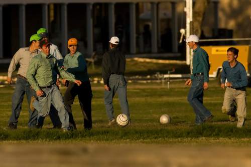 Chris Detrick  |  The Salt Lake Tribune

FLDS boys play soccer outside at Fort Concho in San Angelo, Texas, on April 11, 2008, where they are temporarily being housed. Children removed from a polygamous sect's Texas ranch will remain in facilities here until a scheduled April 17 hearing on their status, officials said Friday. The 416 children from the YFZ Ranch, accompanied by 139 women, are staying at the Wells Fargo Pavilion and historic Fort Concho.