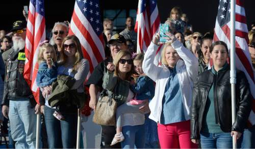 Al Hartmann  |  The Salt Lake Tribune
Hundreds of family members and friends greet members of the  421st Fighter Squadron on May 10, 2016, at Hill Air Force Base. About 300 maintenance and support personnel arrived home after an eight-month assignment in Afghanistan.
